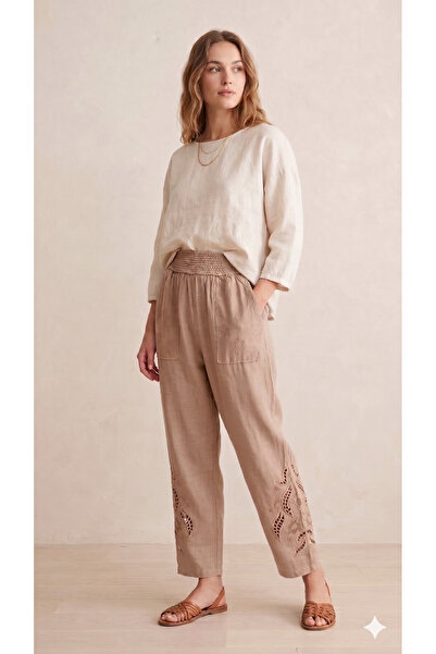 shE tekstil Embroidered Cuffed Trousers Coffee Color