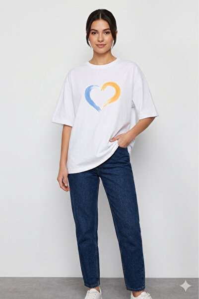 Justime Design Heart Front Print Oversize Cotton Crew Neck Unisex T-Shirt