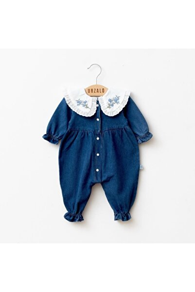 Valia Baby Jean Vintage Collar Embroidered Lace Baby Girl Denim Jumpsuit