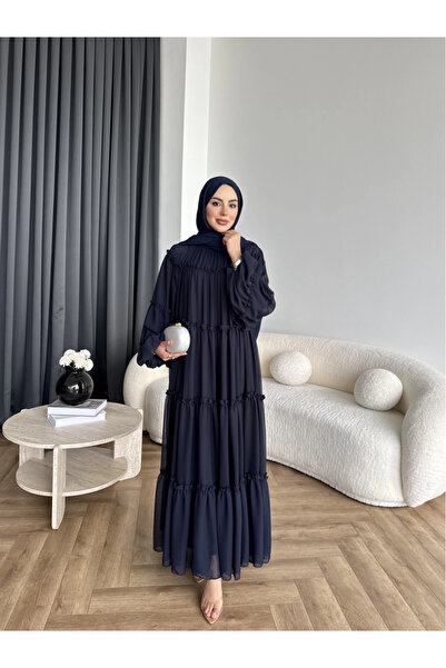 RFK Butik Women's Ruffled Layered Chiffon Dress with Lace Detail - Navy Blue