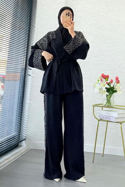 MELEK ARAZ Set dublu kimono premium cu detalii din paiete – Negru