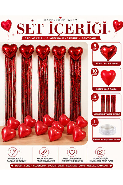 HAPPYLOOPPARTY Kalp Desenli 5 Adet Kırmızı Folyo Helyum Balon 10 Adet Lateks ...