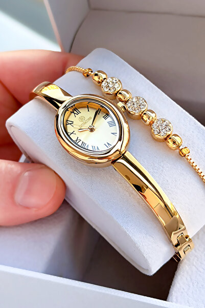 Homies Oval Case Gold Color Women's Wristwatch Steel Band Japanese Movement G...