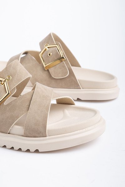 Moda Eleysa Ella Women's Beige Skin Gold Detailed Poly Sole Slippers