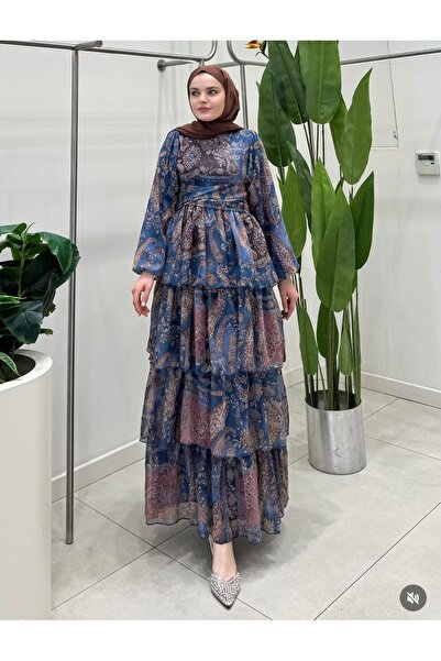 modayaselam Ethnic Patterned Layered Belted Chiffon Hijab Dress