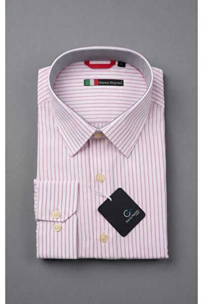 Gianco Mardini Erkek Beyaz İnce Pembe Çizgili Pamuklu Regular Slim Gömlek