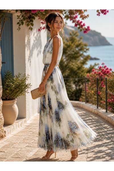 ARİF AKKAYA Rochie lungă din șifon cu model floral și centură aurie