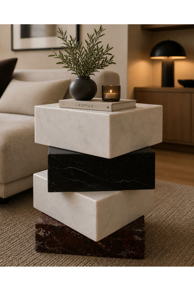 ESİLA MARBLE Lüks Mermer Blok Yan Sehpa - El İşçiliği Doğal Taş Orta Sehpa - ...