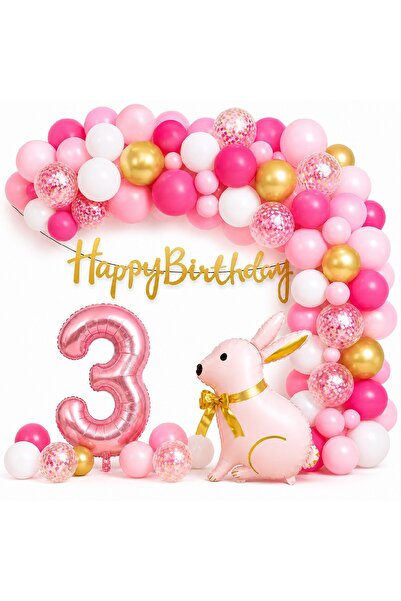 BKMC PARTY Pink Rabbit Birthday Set for 3 Years Old – Gold Balloon Chain Happ...