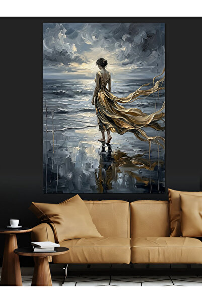 Artmeg Femeie în rochie aurie mergând pe mare - Pânză decorativă - Masă din l...