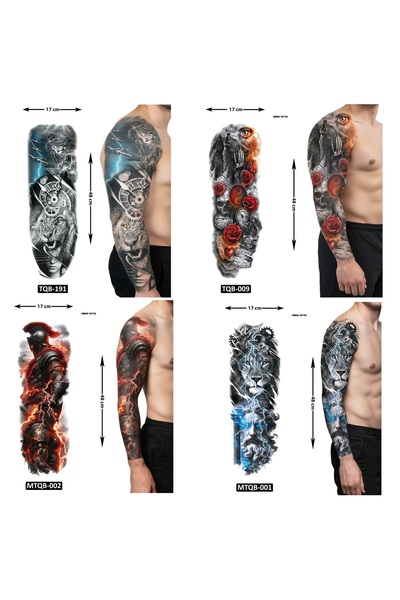 Airbrush Tattoo Renkli Tarz 4 Adet Birden Tam Kol Kaplama 1 Hafta Kalıcı Geçi...