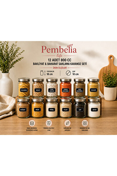 Kitchen Pembelia 12 Adet 800cc Etiketli Metal Kapaklı Cam Baharat Erzak Bakli...