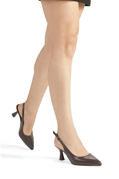 Y ESMA Brown Leather Pointed Toe Open Back 5 cm Goggle Heel New Season