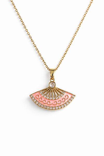 Duiwerlis Women's Gold Color Fan Necklace with Pink Enamel Zircon Stone, Styl...