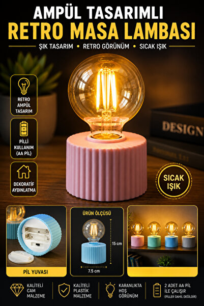 Tamsena Store Ampül Tasarımlı Retro Masa Lambası Pilli Dekoratif Gece Lambası...