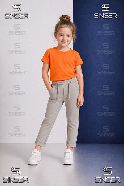 SS SİNSER Pantaloni uni pentru fete, cu talie elastică, stil Lycra cu tiv pli...