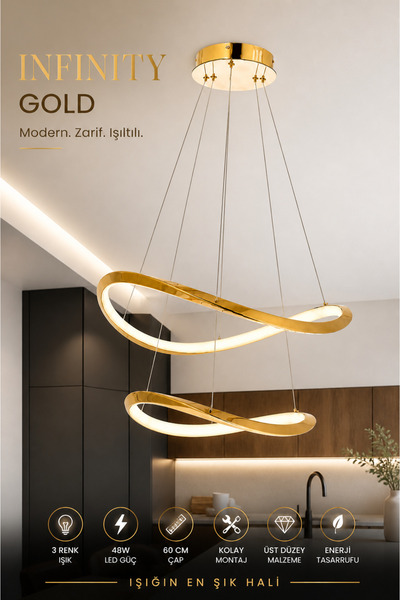 Elvora Home Modern PREMİUM 2'li Gold Halka 3 Renkli LEDli Sarkıt Avizesi Salo...