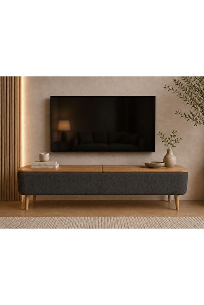 own home Sarven Sandıklı TV Ünitesi, Teddy Kumaş Kaplamalı Ahşap Ayaklı Moder...