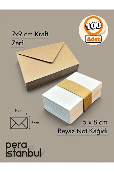 Pera İstanbul 100 Adet 7x9Cm Kahverengi Çaycuma Kraft Zarf ve Not Kağıdı Düğün Davetiye Lüks Tebrik Kartı Mektup
