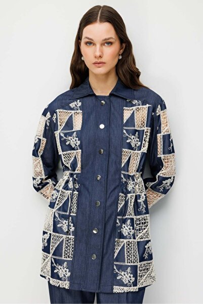 Moda İlgi Modailgi Beli Büzgülü Nakışlı Denim Tunik Lacivert