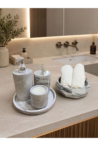 BeeCandleHome Gri Mermer Desenli 6'lı Büyük Kaseli Premium Banyo Seti - Gümüş...