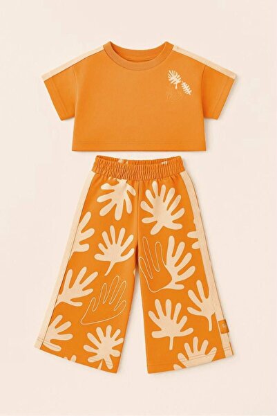 SEMOLİDENKIDS Turuncu desenli kız çocuk crop pantolon takım