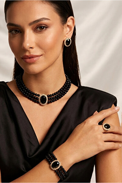 Happyline Oval Taşlı Siyah İncili Choker Set Takım, Siyah Cam İncili Kolye ,S...