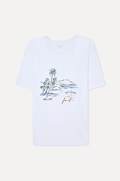 Mudo Erkek Beyaz Baskılı Comfort Fit Bisiklet Yaka T-Shirt
