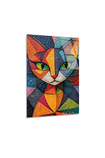 Artellodecor Artello Decor Renkli Geometrik Kedi Portresi Modern 4mm Temperli...