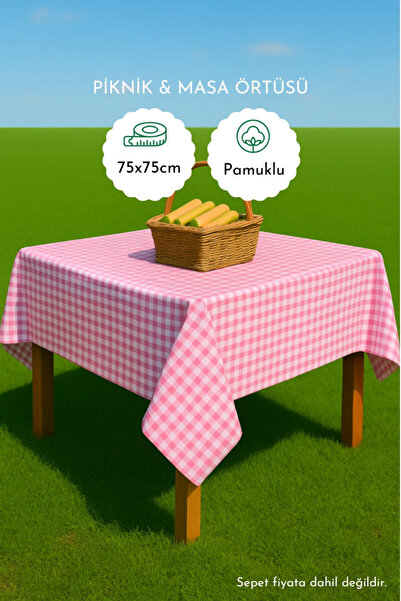 Bimotif Pötikare pembe masa örtüsü, piknik örtüsü, 75x75 cm (Orta boy pamuklu...