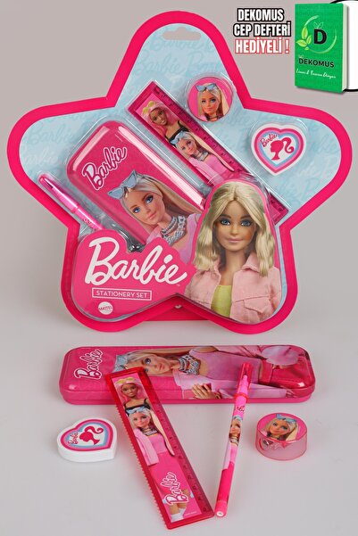 Barbie x Dekomus Lisanslı Yıldız Tasarımlı 5'li Kırtasiye Seti Metal Kalem Ku...