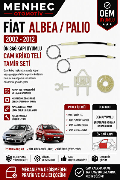 Menhec Otomotiv Fiat Albea Palio 2002-2012 Ön Sağ Cam Kriko Teli Tamir Seti O...