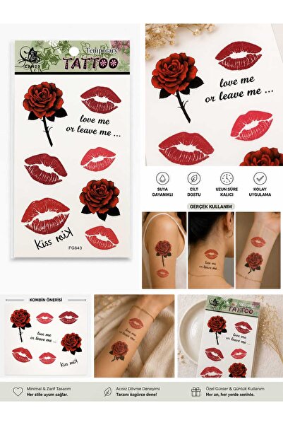 Eva&Rose Minimal Geçici Dövme – Gül Dudak Yazı Desenli Kol Bilek Bacak Ayak D...