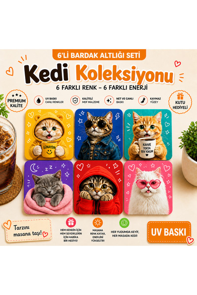 Migure 6'lı Bardak Altlığı Seti Saklama Kutulu - Kedi Koleksiyonu