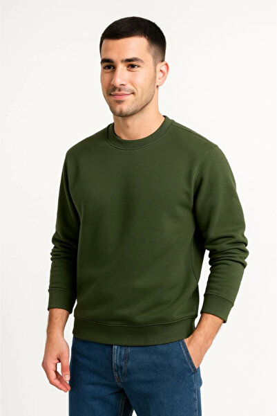 Efnaz style Men's Three Thread Plain Crew Neck Sweatshirt - Khaki