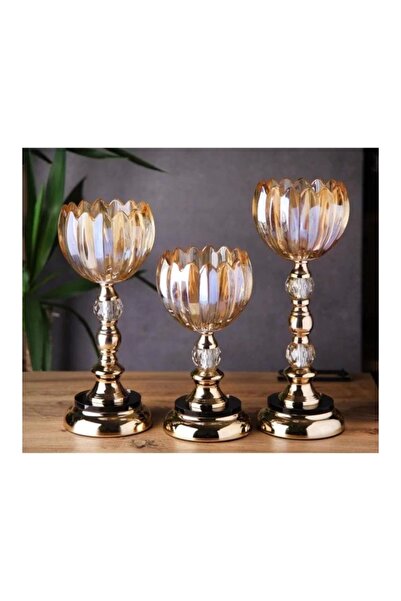 Empressco Şık 3'lü Kristal Cam Şamdan ve Vazo, Gold Metal Ayaklı, Zarif Dekor...