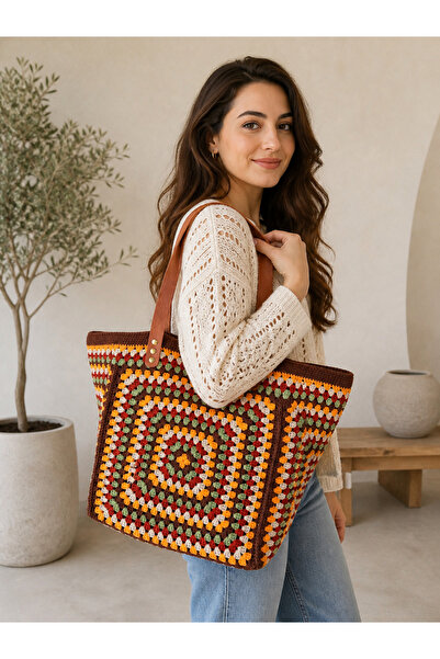NO BRAND El Yapımı Granny Square Örgü Çanta – Renkli Bohem Desen, Geniş İç Ha...