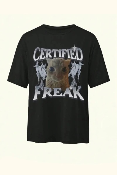 ARS Butik Siyah Certified Freak Cat Grunge Y2K unisex majica