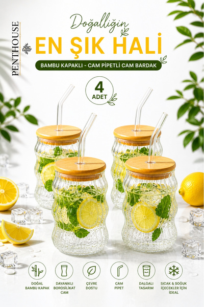 Penthouse Bambu Kapaklı Cam Pipetli Bardak Sunum Bardağı Dalgalı Tasarım, Soğ...