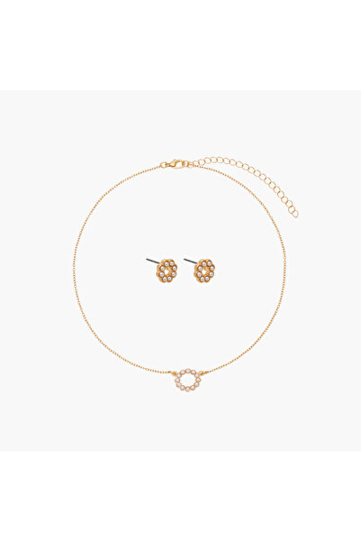 Lifestyle Pearl Embellished Pendant Necklace and Earrings