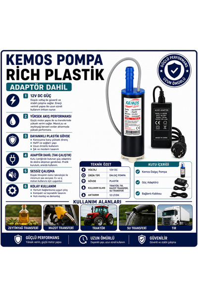 Kemos 220-12 Volt Rich plastik Dalgıç Adaptörlü Mazot Aktarma(SIVI TRANSFER) Pompası