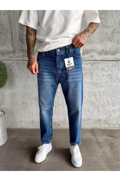 KağanKY Navy Blue Stonewashed Boyfriend Jeans with Laser Detailing