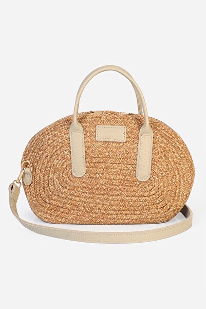 Alessia Bag Lina Genuine Leather Handle Oval Knitted Bag Beige