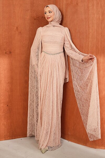 İmajButik Powder-Colored Gathered Front Stone Lace Evening Dress