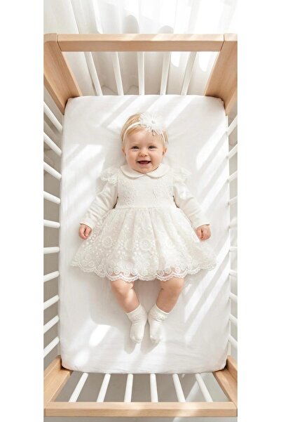 Miniday Baby Kız Bebek Mevlütlük Elbise Bandanalı Dantelli Yenidoğan Hastane ...