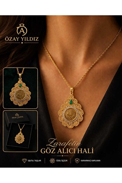 ÖZAY YILDIZ Kadın Gold Renk Osmanlı Tuğralı Ve Yeşil Taşlı Kolye