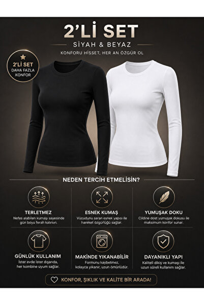 VARELLA 2’li Kadın Uzun Kollu Basic Body – Siyah & Beyaz Esnek Fit Günlük Şık...