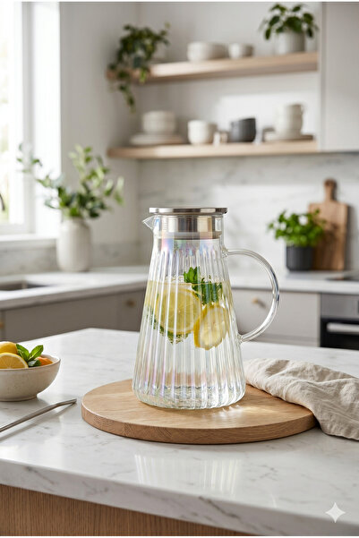 Homerest 1800ml Borosilikat Isıya Dayanıklı Cam Sürahi - Süzgeçli Paslanmaz M...