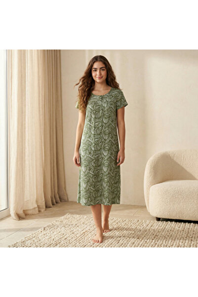 FAV Midi Night Dress Short Sleeves Leaf Print Viscose