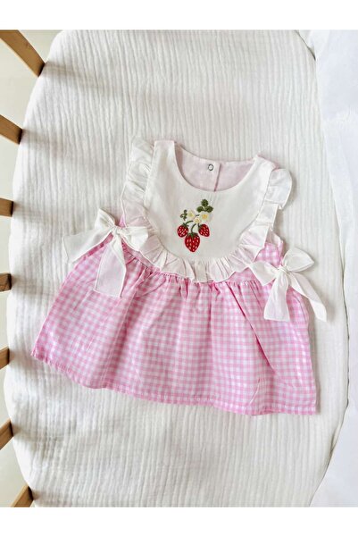 NUNU BABY Vera Çilek Nakışlı Ekoseli Elbise - Pembe
